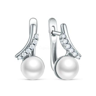 Серьги из серебра с культивированным жемчугом и фианитами родированные