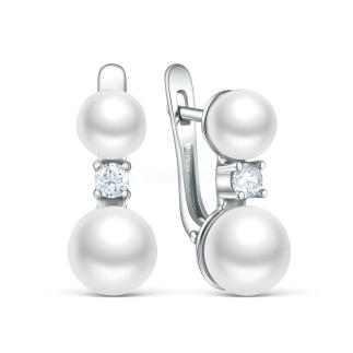 Серьги из серебра с культивированным жемчугом и фианитами родированные