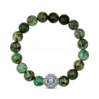 Браслет (на резинке) из бусин африканской бирюзы и чернёного серебра - святой Николай Чудотворец (