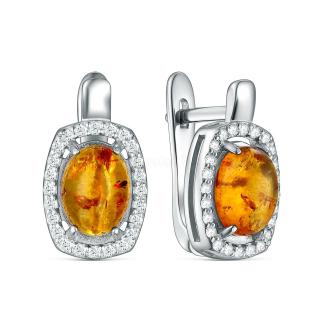 Серьги из серебра с янтарём и фианитами родированные