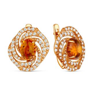 Серьги из золочёного серебра с коньячным янтарём и фианитами