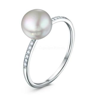 Кольцо из серебра с культивированным жемчугом и фианитами родированное