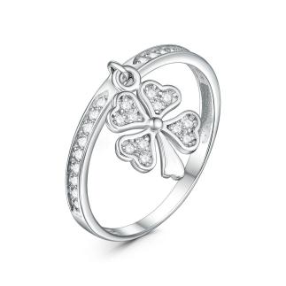 Кольцо из серебра с фианитами родированное - Клевер, четырёхлистник