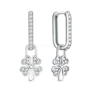 Серьги из серебра с фианитами родированные - Клевер, четырёхлистник, Трансформеры (2в1)