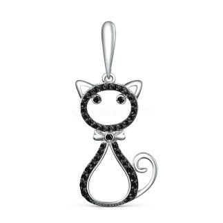 Подвеска из серебра с чёрными фианитами родированная - Кошка