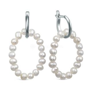 Серьги-трансформеры (2 в 1) из родированного серебра с белым пресноводным жемчугом на резиновой нити