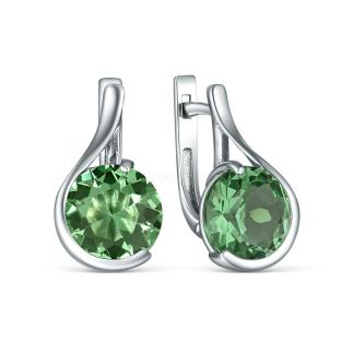 Серьги из серебра с плавленым кварцем цвета зелёный аметист родированные