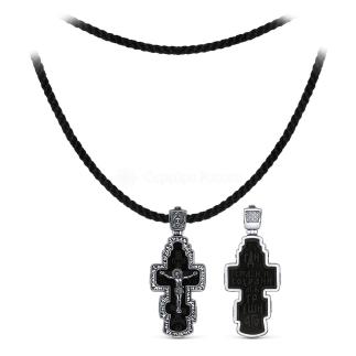 Колье с крестом из дерева граб на текстильном шнурке с элементами из чернёного серебра - Молитва животворящему кресту, спаси и сохрани, 4,1 см