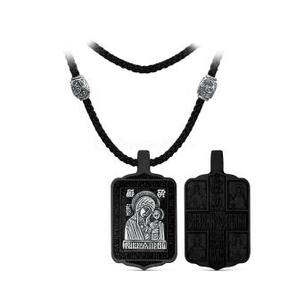 Колье с крестом из дерева граб на текстильном шнурке с элементами из чернёного серебра - «Казанская Божия Матерь» Распятие, 4,1 см