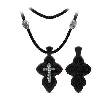 Колье с крестом из дерева граб на текстильном шнурке с элементами из чернёного серебра - Распятие, 4,3 см