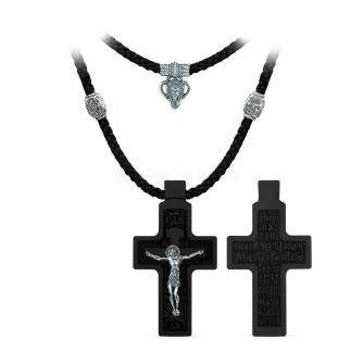 Колье с крестом из дерева граб на текстильном шнурке с элементами из чернёного серебра - «Да воскреснет Бог» Распятие, 5,4 см