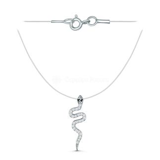 Колье на леске из серебра с фианитами родированное - Змейка