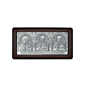 Икона автомобильная из чернёного серебра на дереве граб - Богородица, Спаситель, Николай Чудотворец (толщина 5 мм)