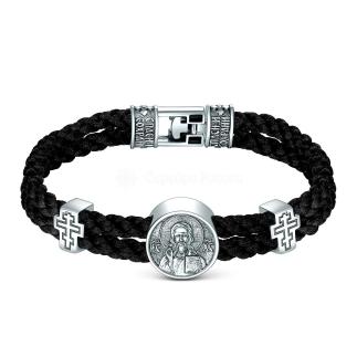 Браслет текстильный из чернёного серебра - Спаситель, кресты (Спаси и сохрани)