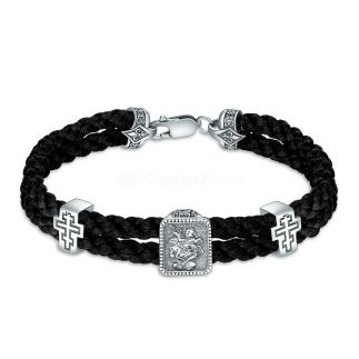 Браслет текстильный из чернёного серебра - Георгий Победоносец, кресты