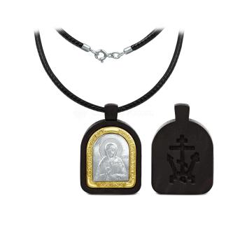 Колье с иконой из дерева граб на вощёном шнурке с элементом из родированного и золочёного серебра - Московская Божья Матерь