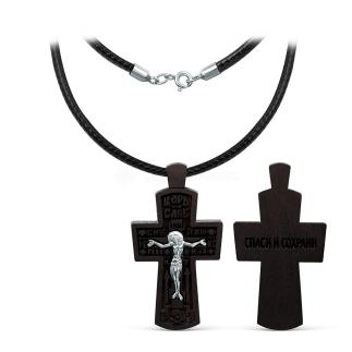 Колье с крестом из дерева граб на текстильном вощёном шнурке с элементами из родированного серебра - Распятие, 4,5 см