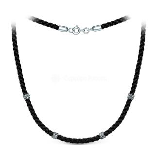 Шнурок текстильный с подвижными элементами из чернёного серебра - Спаси и сохрани