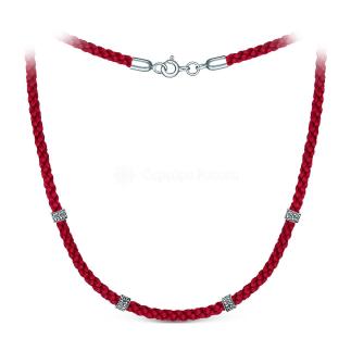 Шнурок красный текстильный с подвижными элементами из чернёного серебра - Спаси и сохрани