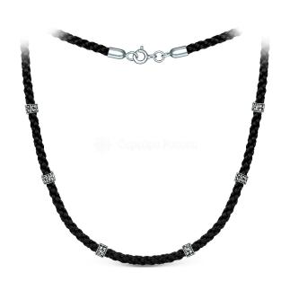 Шнурок текстильный с подвижными элементами из чернёного серебра - Спаси и сохрани