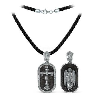 Колье с подвеской из дерева граб на текстильном шнурке с элементами из чернёного серебра - Распятие, молитва «Да воскреснет Бог», Ангел Хранитель