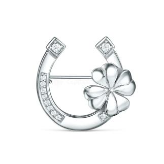 Брошь подкова с клевером из серебра с фианитами родированная - На удачу