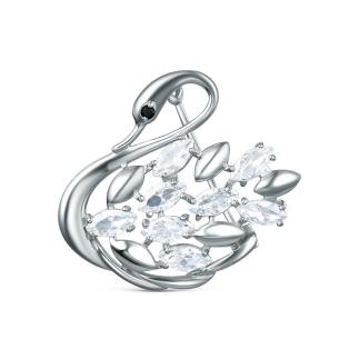 Брошь из серебра с фианитами родированная - Лебедь