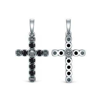 Крест из чернёного серебра с чёрной синтетической шпинелью - Спаси и сохрани