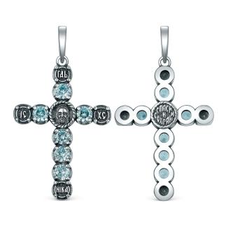 Крест из чернёного серебра с голубыми фианитами - Спаси и сохрани