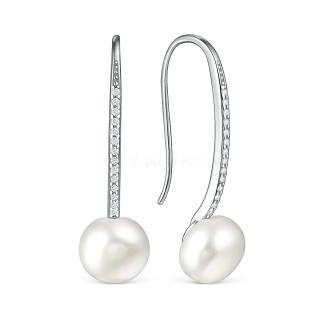 Серьги на петле из серебра с культивированным жемчугом и фианитами родированные