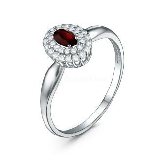 Кольцо из серебра с гранатом и фианитами родированное