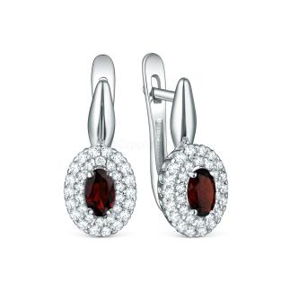 Серьги из серебра с гранатом и фианитами родированные