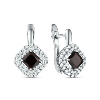 Серьги из серебра с гранатом и фианитами родированные