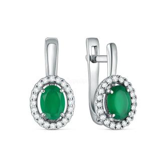 Серьги из серебра с зелёным агатом и фианитами родированные