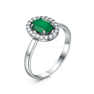 Кольцо из серебра с зелёным агатом и фианитами родированное