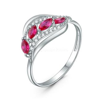 Кольцо из серебра с корундом рубин и фианитами родированное