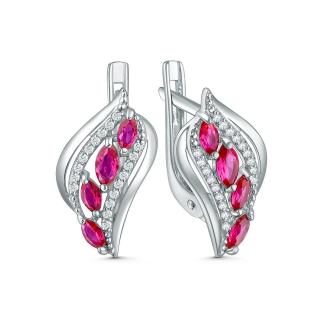Серьги из серебра с корундами рубин и фианитами родированные