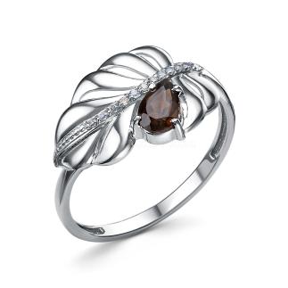 Кольцо из серебра с дымчатым кварцем и фианитами родированное