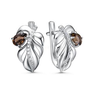 Серьги из серебра с дымчатым кварцем и фианитами родированные