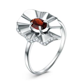 Кольцо из серебра с гранатом и фианитами родированное