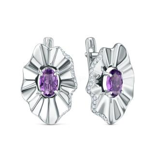 Серьги из серебра с аметистом и фианитами родированные