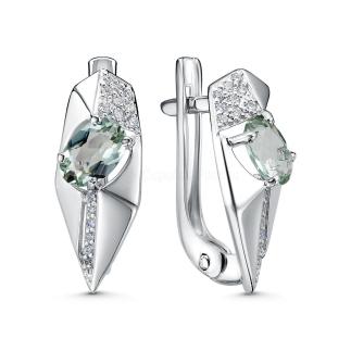 Серьги из серебра с празиолитом и фианитами родированные