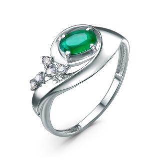 Кольцо из серебра с зелёным агатом и фианитами родированное