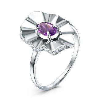 Кольцо из серебра с аметистом и фианитами родированное