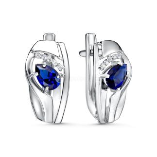 Серьги из серебра с гидротермальным сапфиром и фианитами родированные