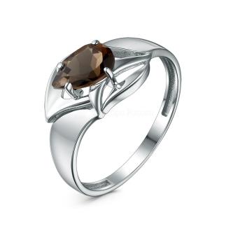 Кольцо из серебра с дымчатым кварцем и фианитами родированное