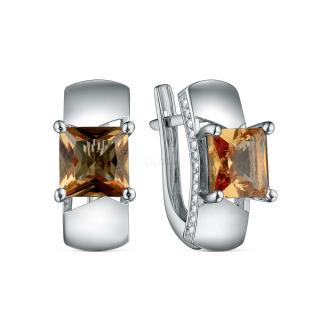 Серьги из серебра с султанит и фианитами родированные