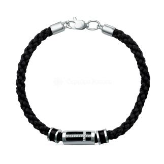 Браслет текстильный из серебра с фианитами родированный - Крест