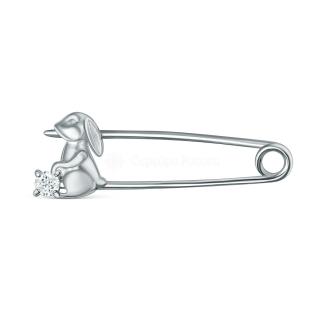 Булавка из серебра с фианитом родированная - Зайчик