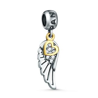 Подвеска-шарм из чернёного серебра с фианитами и позолотой - Крыло и сердце